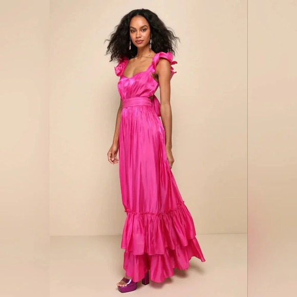 Lulus Pristine Glow Magenta Pink Ruffled Tie-Back Maxi Dress Wedding Party Prom - Picture 3 of 12